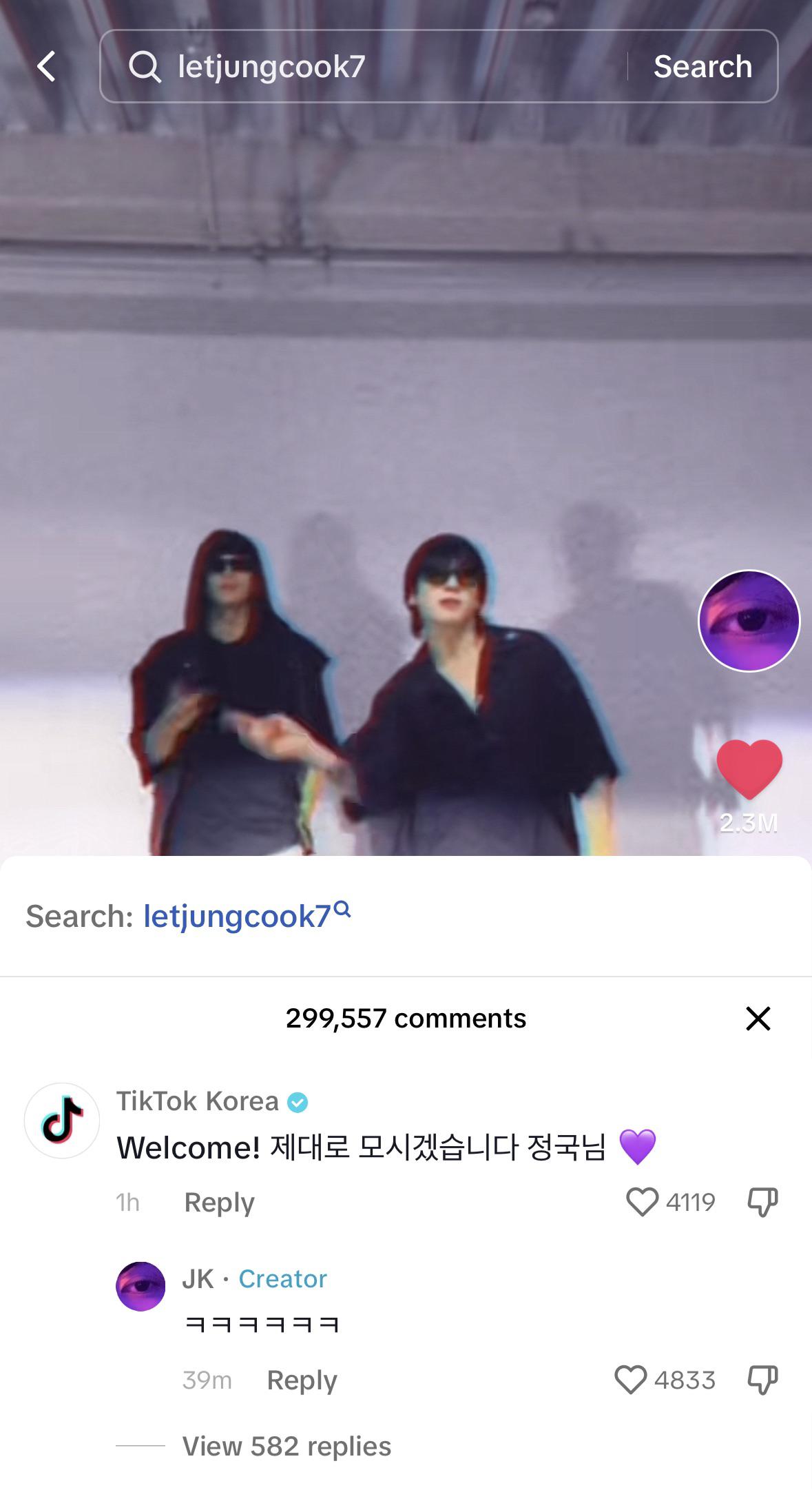 230803 TikTok Korea’s comment and Jungkook’s reply on his TikTok video