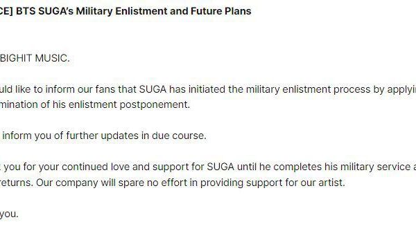[Notice] Bulletproof Boy Scouts' SUGA Military Service Implementation Plan Information (+ENG/JPN/CHN) - 070823