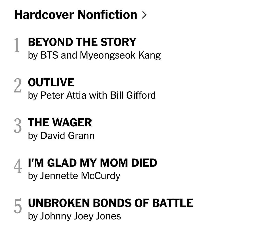 BTS’ ‘Beyond the Story’ is #1 on both the NYT Best Sellers List for Print Hardcover and Combined Print/E-book - 200723