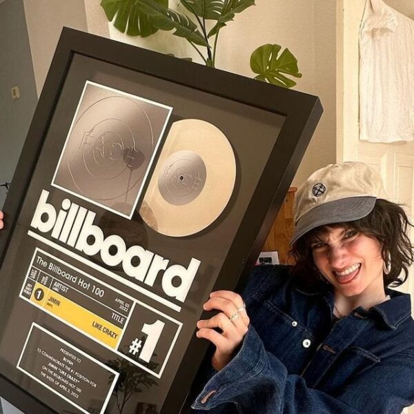 230823 BLVSH on Instagram (with Jimin's "Like Crazy" Billboard #1 plaque)