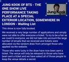 230721 Tickets for Jung Kook at BBC's The One Show live performance are now fully booked, with a waiting list