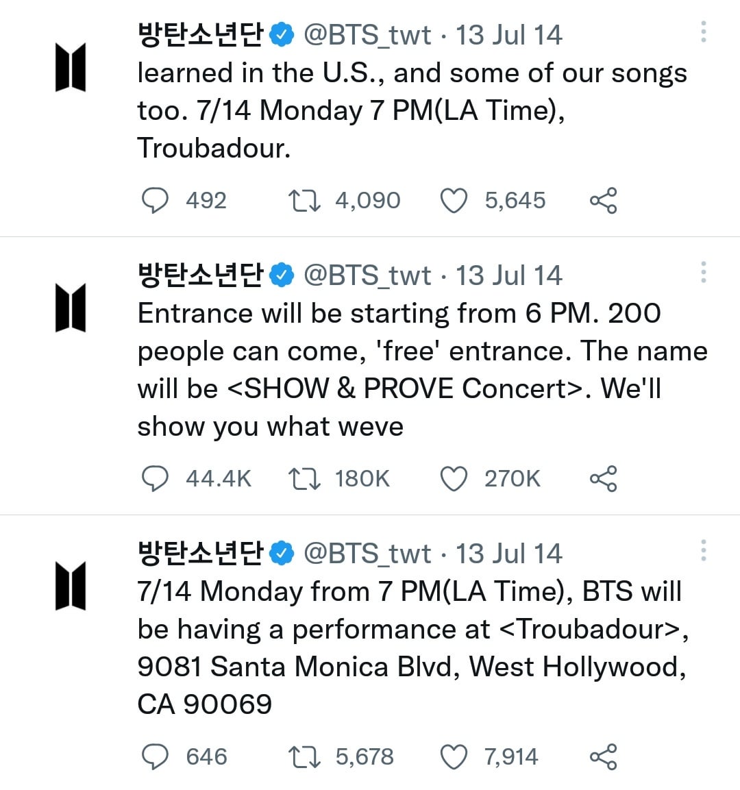 9 years ago today, BTS announced their first showcase stage in the US, the "Show & Prove" concert at Troubadour, West Hollywood, to be held on Mon 14 Jul 2014