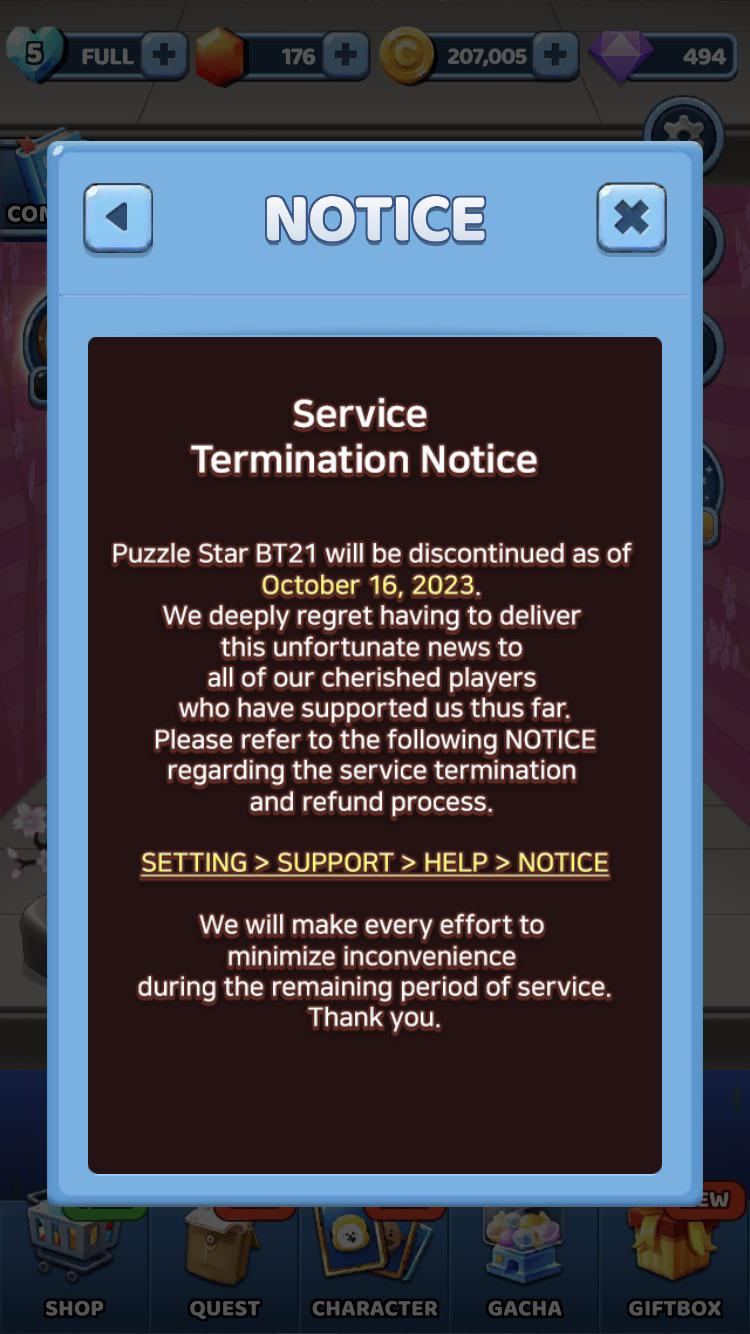 Puzzle Star BT21 service termination notice