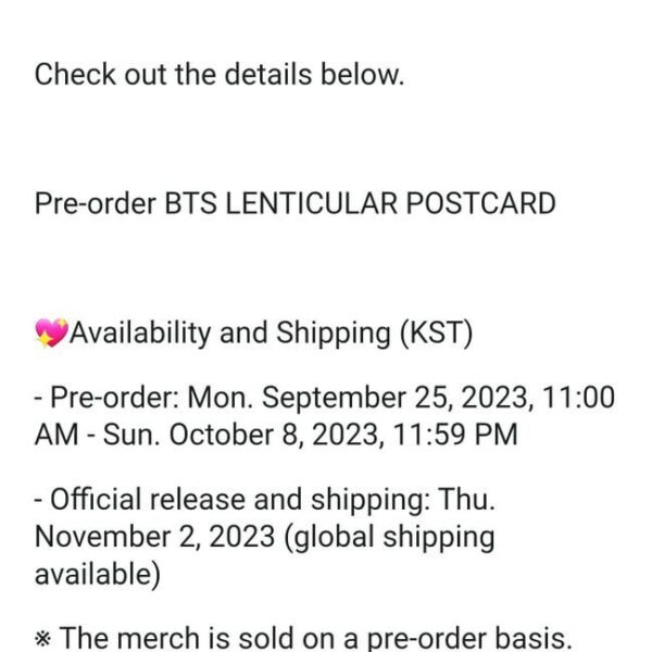 230925 BTS lenticular postcard available for pre-order on Weverse Shop Global - Pre-order Sep 25, 11am KST to Oct 8, 11:59pm KST