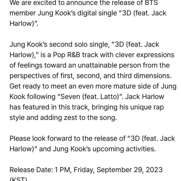 3D (feat. Jack Harlow) by Jungkook release on Friday 29 September 1pm KST - 240923