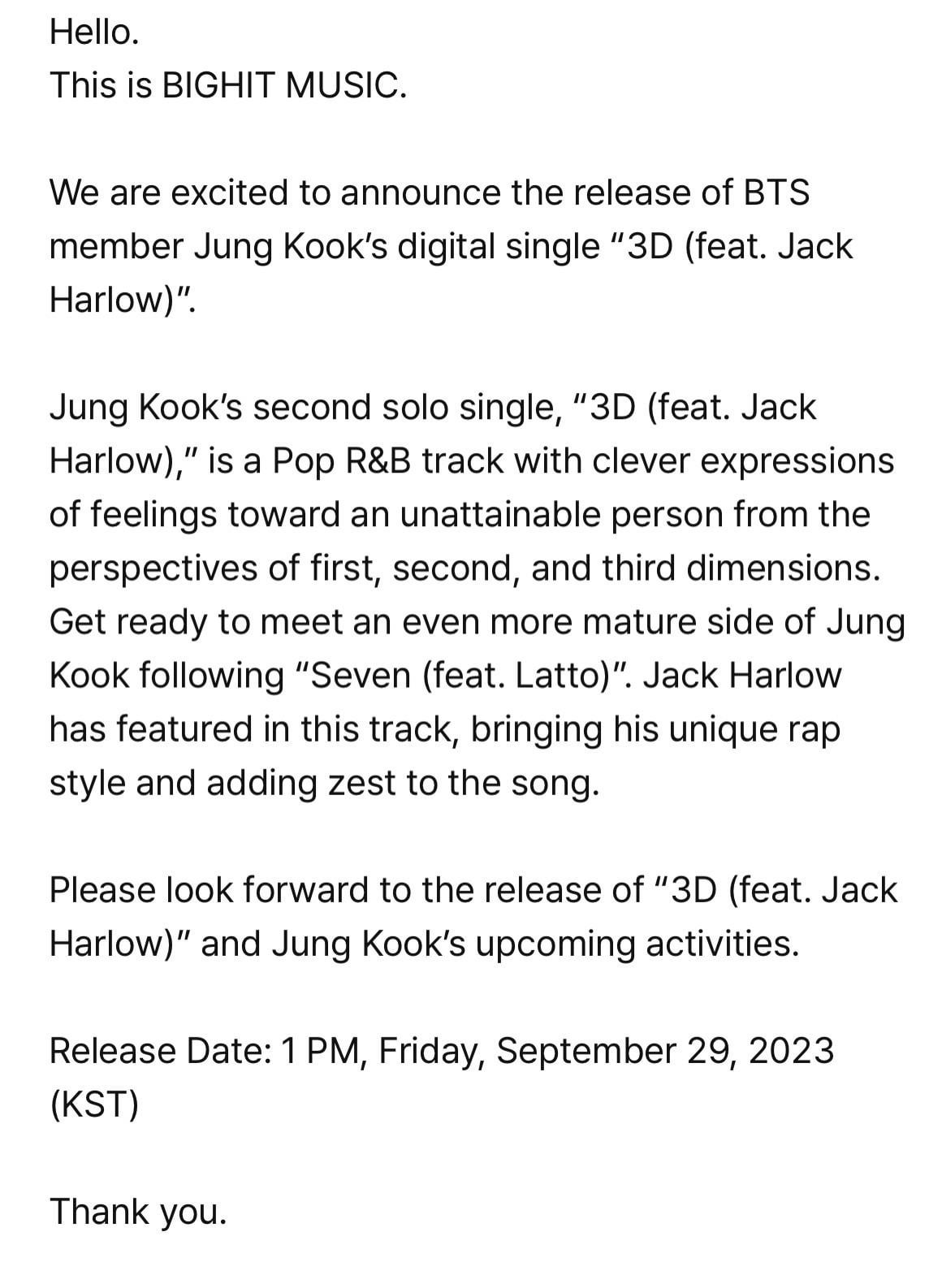 3D (feat. Jack Harlow) by Jungkook release on Friday 29 September 1pm KST - 240923