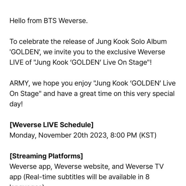 [NOTICE] Exclusive on Weverse LIVE: Jung Kook ‘GOLDEN’ Live On Stage - 121023