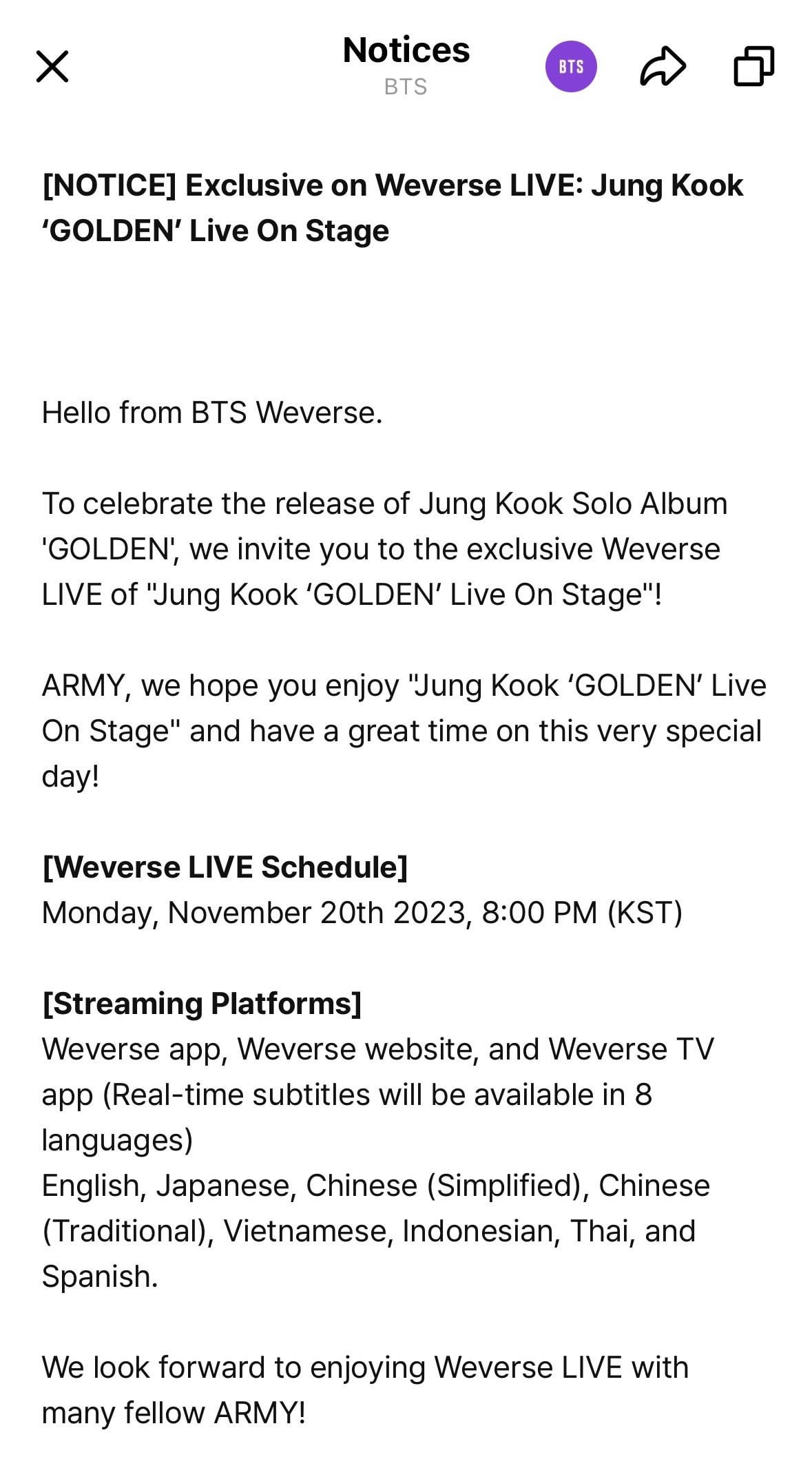 [NOTICE] Exclusive on Weverse LIVE: Jung Kook ‘GOLDEN’ Live On Stage - 121023