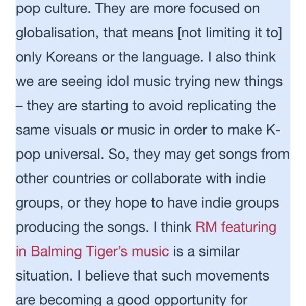 Balming Tiger's San Yawn mentions RM collaboration as an example of growing opportunities for K-pop and K-indie to mix - 131023