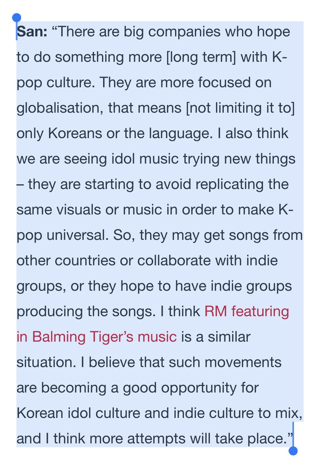 Balming Tiger's San Yawn mentions RM collaboration as an example of growing opportunities for K-pop and K-indie to mix - 131023