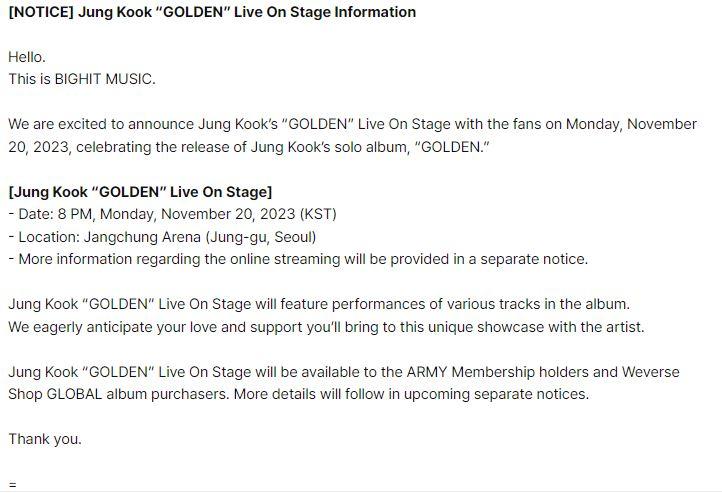 [NOTICE] Jung Kook “GOLDEN” Live On Stage Information - 091023