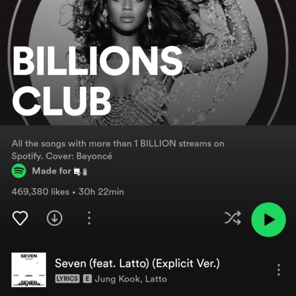 231030 "Seven" by Jung Kook has now been added to Spotify's Billions Club playlist