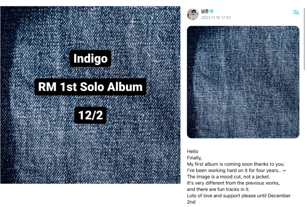 A year ago today, RM announced his first solo album "Indigo" on his Instagram