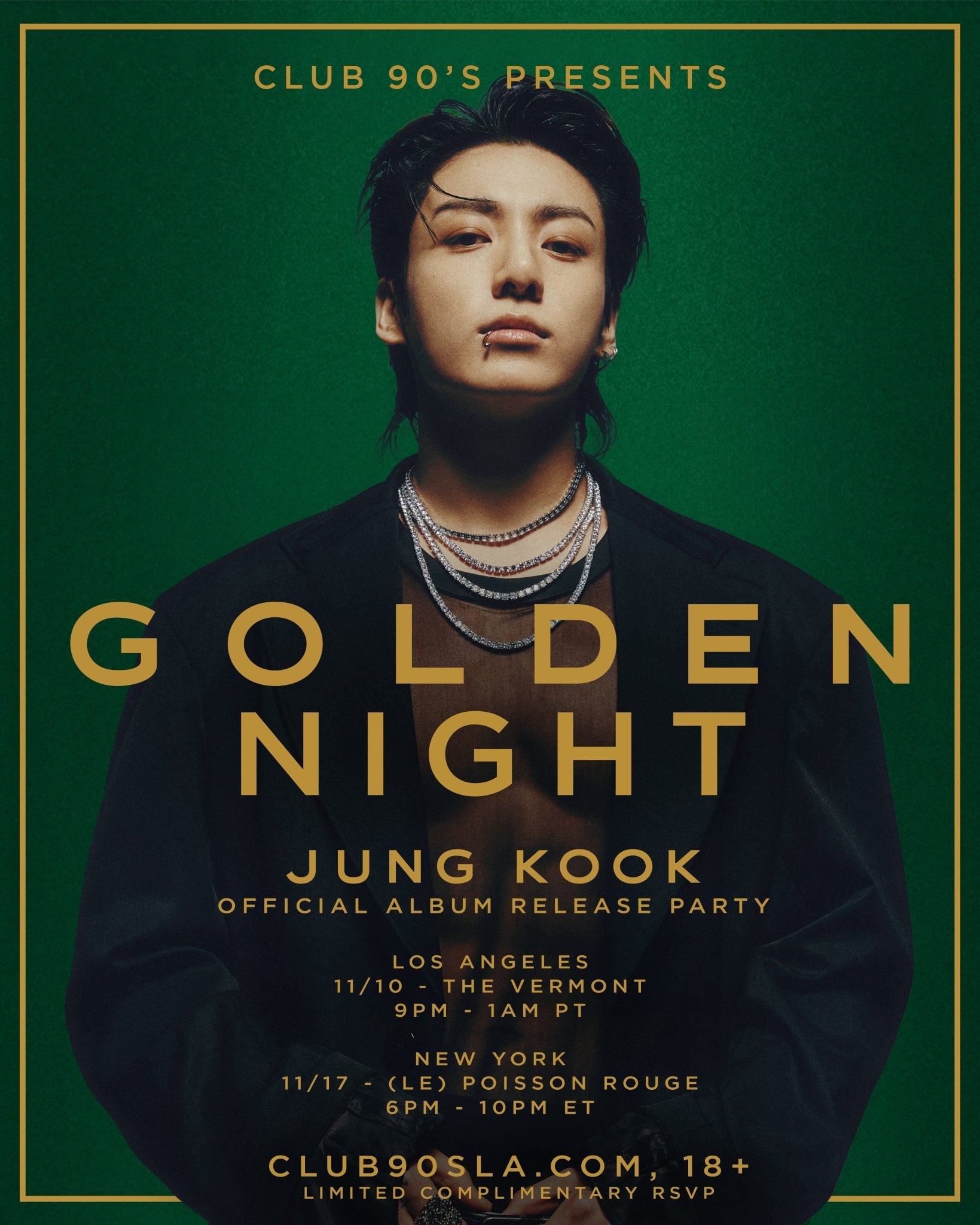 231103 Geffen Records: To celebrate the release of Jung Kook's solo album 'GOLDEN', Club90sLA presents the official album release party 'GOLDEN NIGHT' in LA and NY