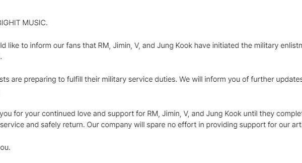 [Notice] Information on BTS military service implementation plan (RM, Jimin, V, Jungkook) (+ENG/JPN/CHN) - 221123