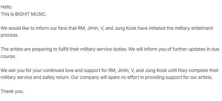 [Notice] Information on BTS military service implementation plan (RM, Jimin, V, Jungkook) (+ENG/JPN/CHN) - 221123