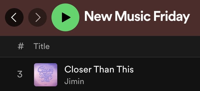 231222 Jimin's "Closer Than This" has been added to Spotify's 'New Music Friday' Playlist at #3!