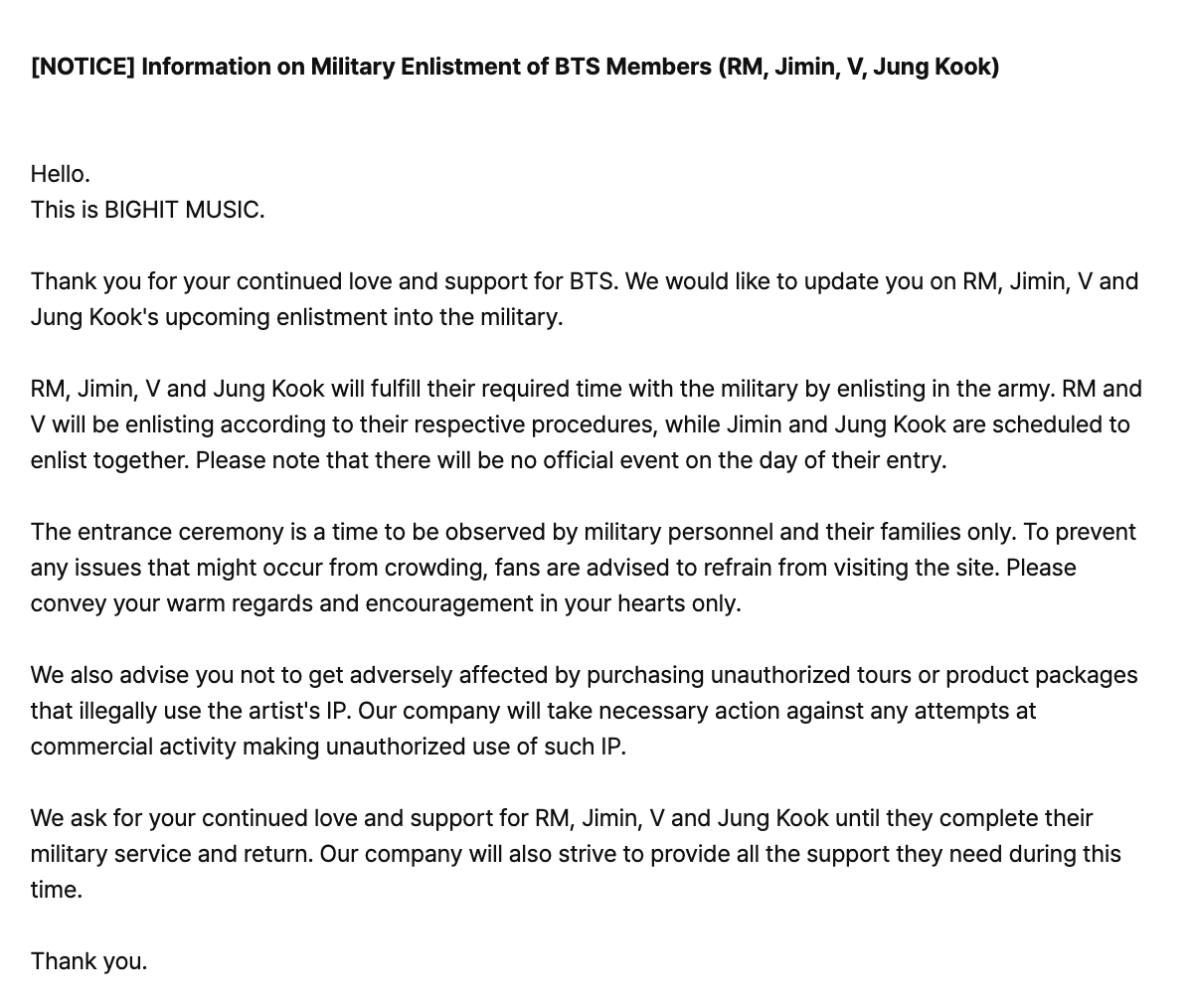 [NOTICE] Information on Military Enlistment of BTS Members (RM, Jimin, V, Jung Kook) - 051223