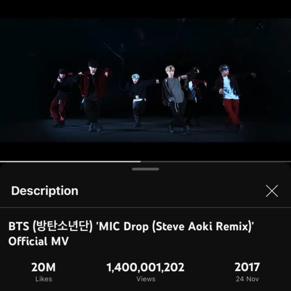 BTS’ ‘MIC Drop (Steve Aoki Remix)’ MV surpasses 1.4 billion views on YouTube, their 4th MV to do so - 260124