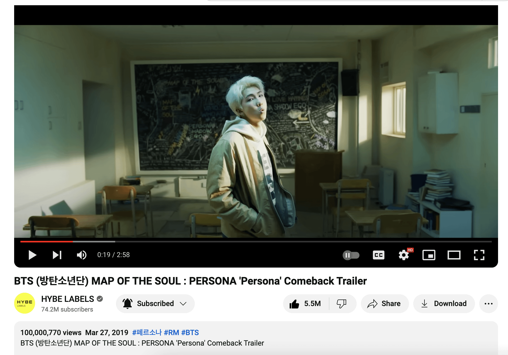 "MAP OF THE SOUL : PERSONA 'Persona' Comeback Trailer" has now surpassed 100 million views on YouTube! - 210324