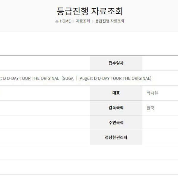 “SUGA - Agust D D-DAY TOUR THE ORIGINAL” is currently under review by the Korea Media Rating Board (KMRB) - 080424