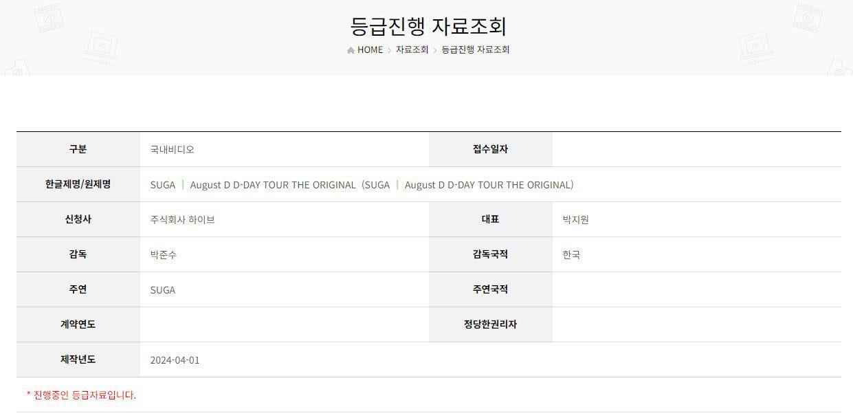 “SUGA - Agust D D-DAY TOUR THE ORIGINAL” is currently under review by the Korea Media Rating Board (KMRB) - 080424