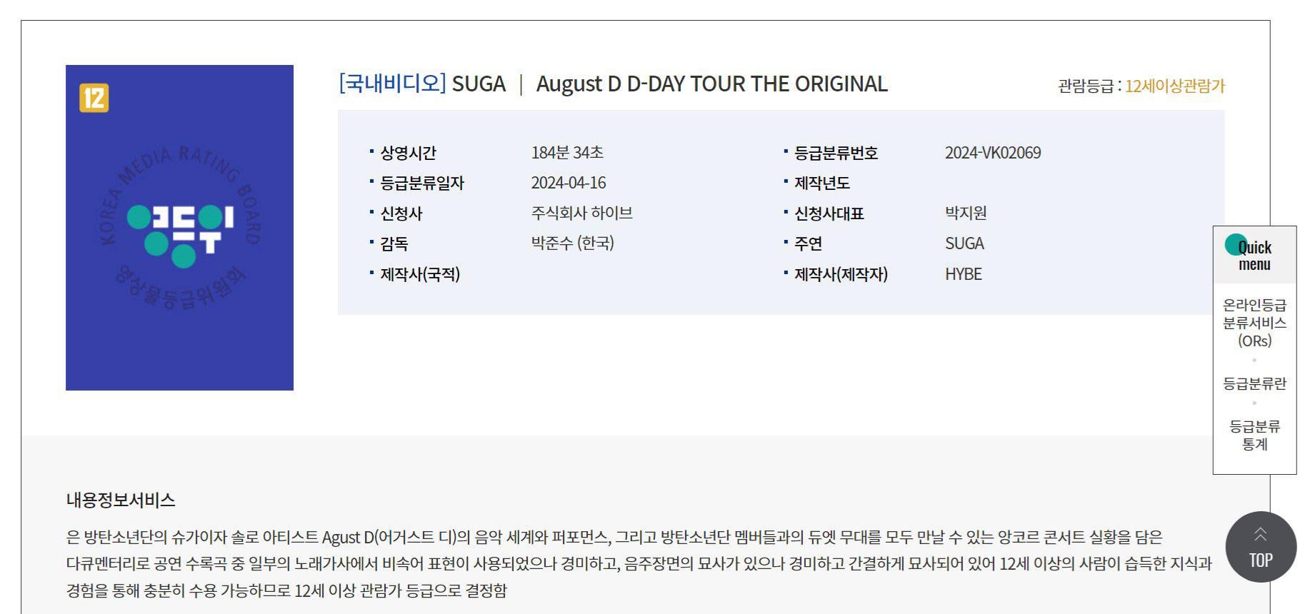 ‘SUGA | Agust D D-DAY TOUR THE ORIGINAL’ will be a documentary of the encore concert, and will be 184 mins 34 secs long - 160424