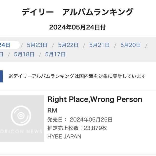 240525 RM's "Right Place, Wrong Person" debuts at #1 on Oricon Daily Album Chart! (23,879)