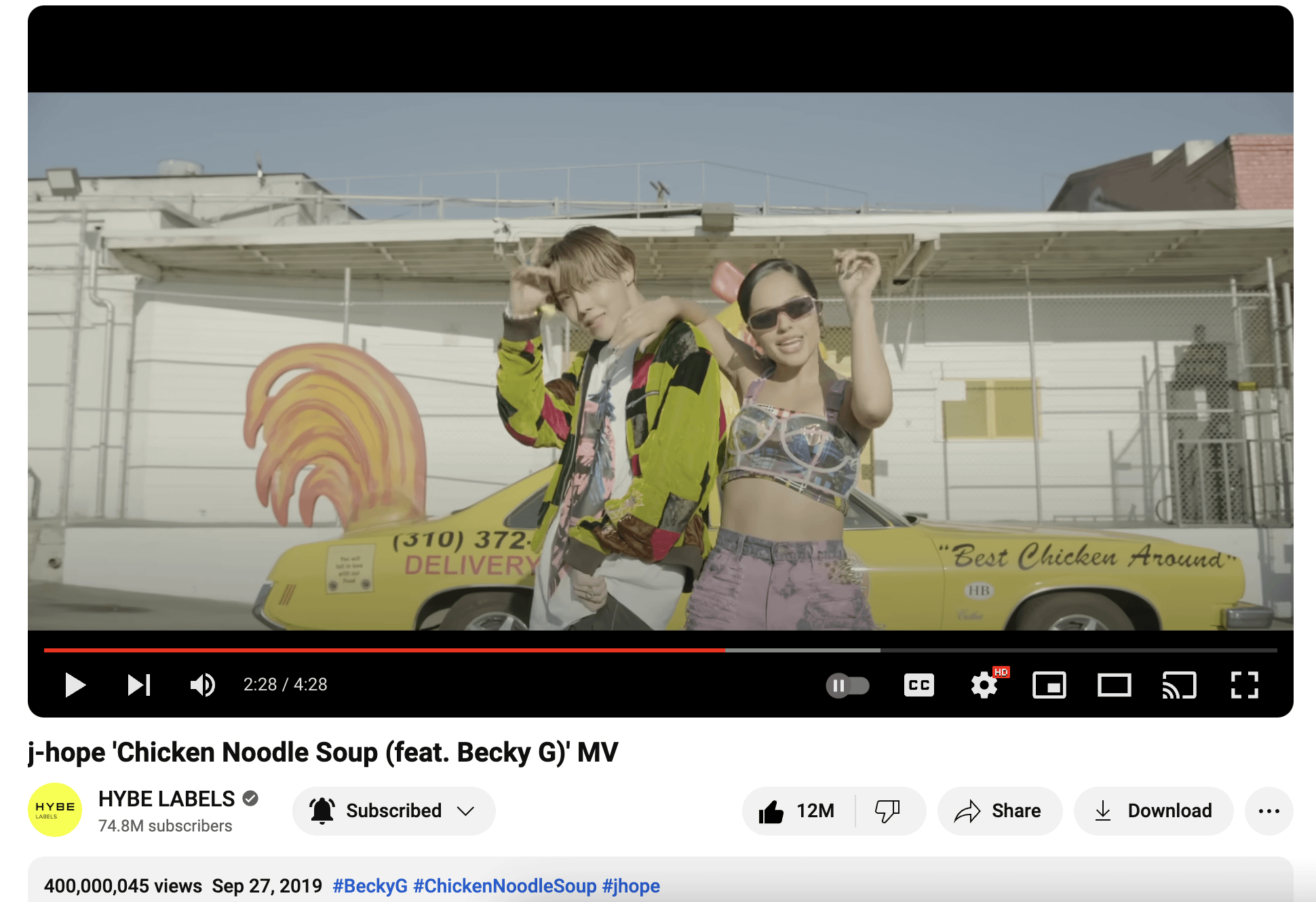 j-hope & Becky G's "Chicken Noodle Soup" MV has surpassed 400 million views on YouTube! - 120524