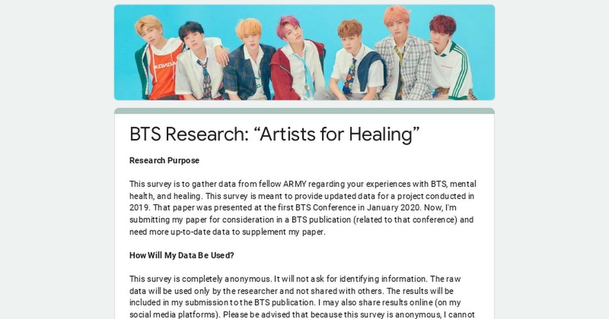 Survey about ARMY mental health and healing through BTS's work (Ages 13+, international participants)