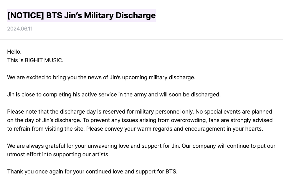 [NOTICE] BTS Jin’s Military Discharge - 110624