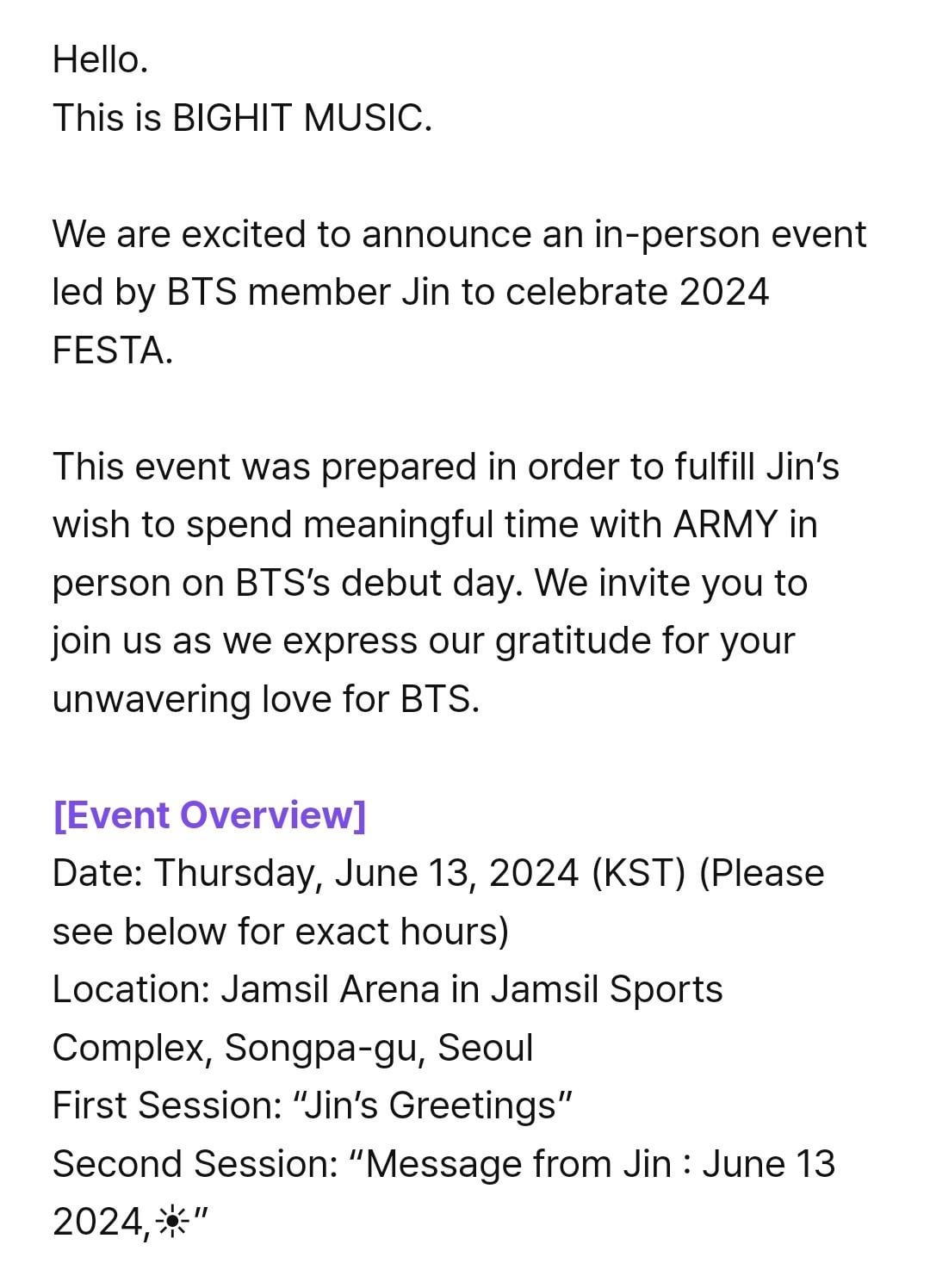 [NOTICE] 2024 FESTA In-person Event with BTS Jin