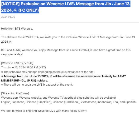 [NOTICE] Exclusive on Weverse LIVE: Message from Jin : June 13 2024, (FC ONLY) - 100624