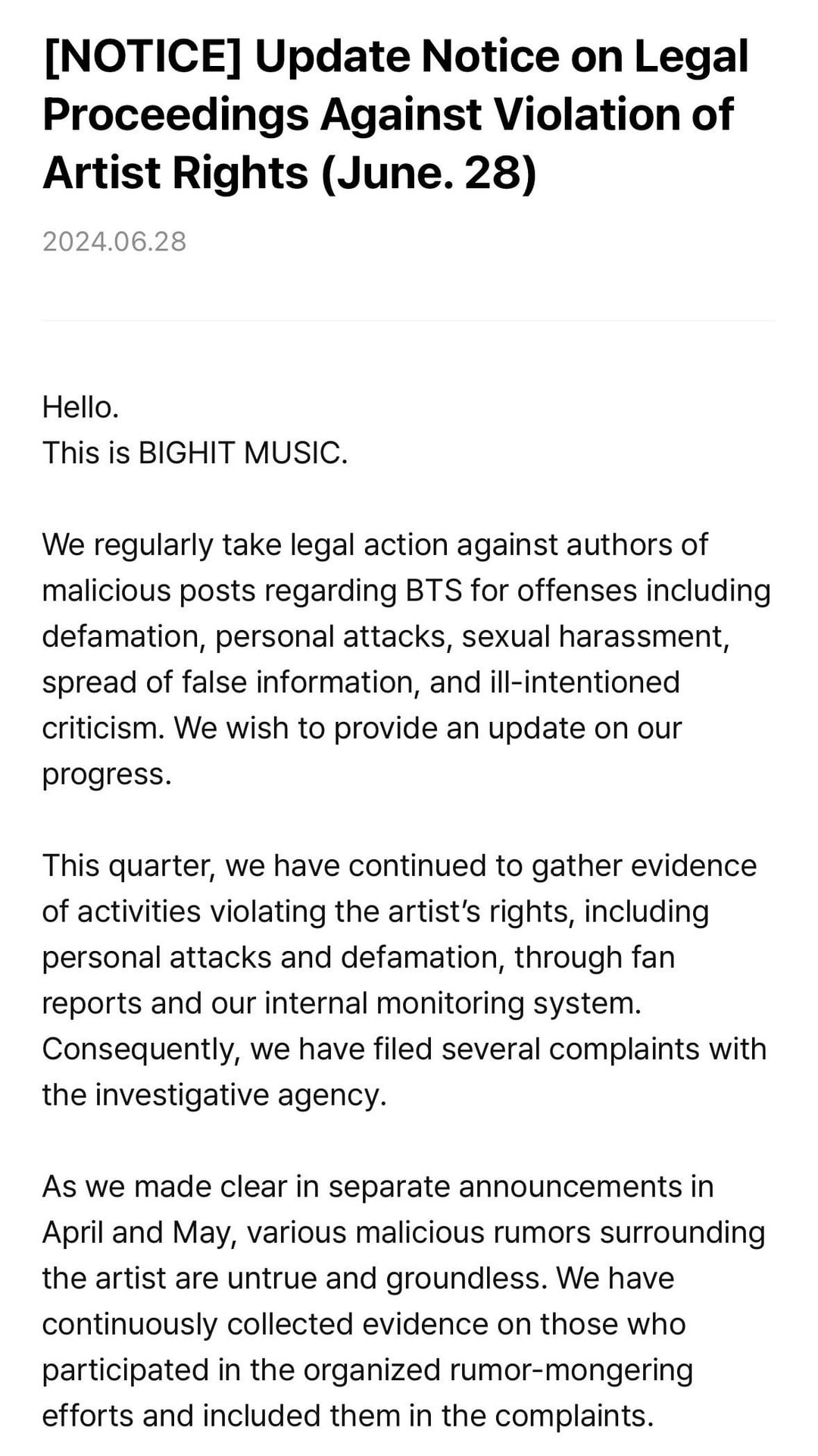[NOTICE] Update Notice on Legal Proceedings Against Violation of Artist Rights (June. 28) - 280624
