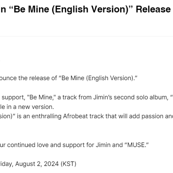 [NOTICE] Jimin “Be Mine (English Version)” Release Information - 010824