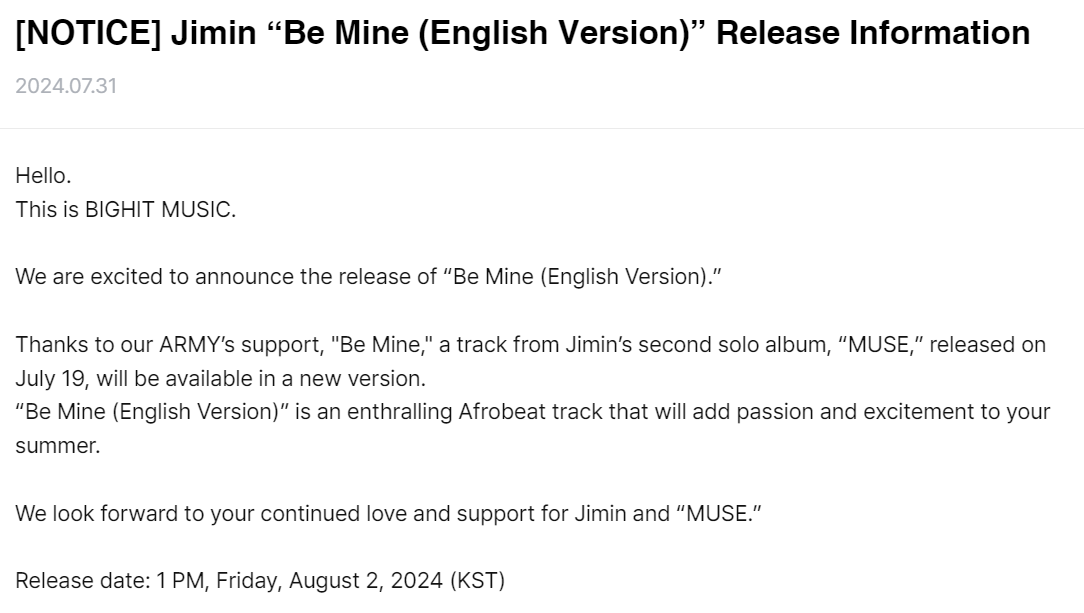 [NOTICE] Jimin “Be Mine (English Version)” Release Information - 010824