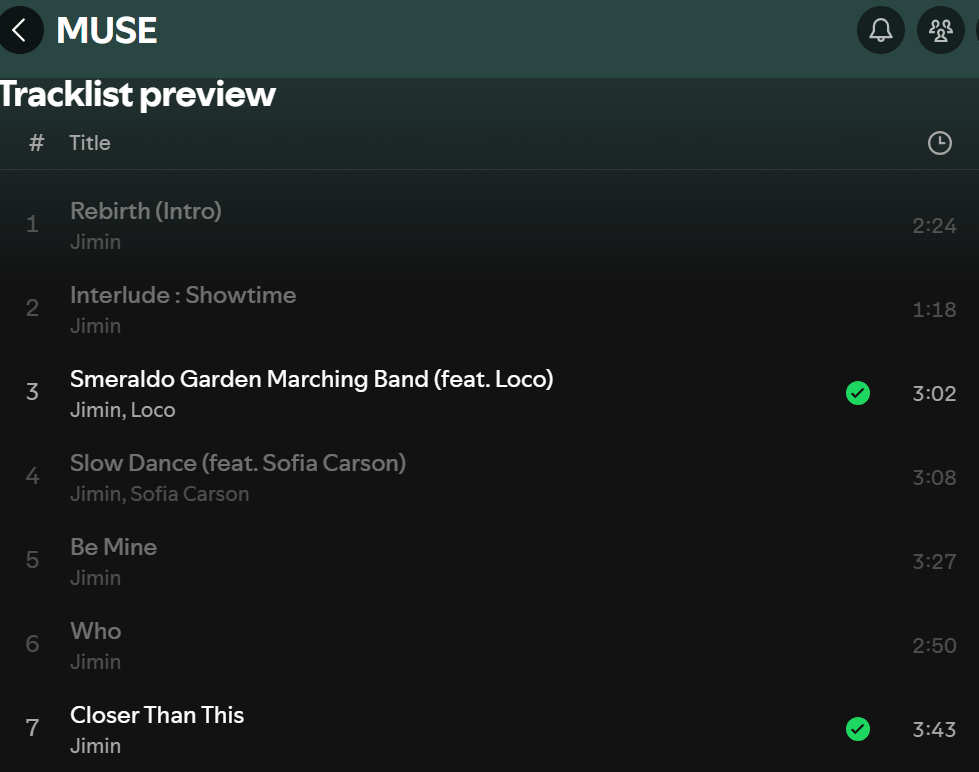 [Spotify] Jimin's "MUSE" Tracklist Preview (song lenghts) - 120724