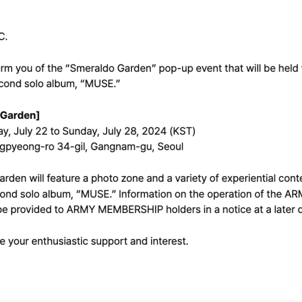 [NOTICE] Jimin “MUSE” Smeraldo Garden Opening Announcement - 090724