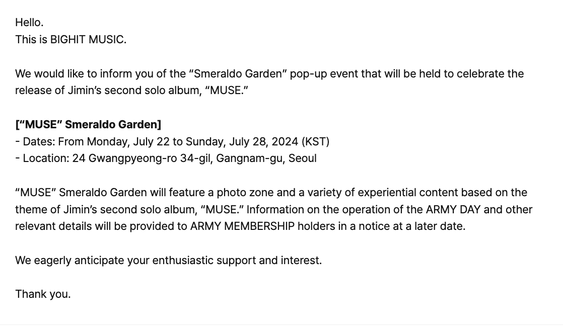 [NOTICE] Jimin “MUSE” Smeraldo Garden Opening Announcement - 090724