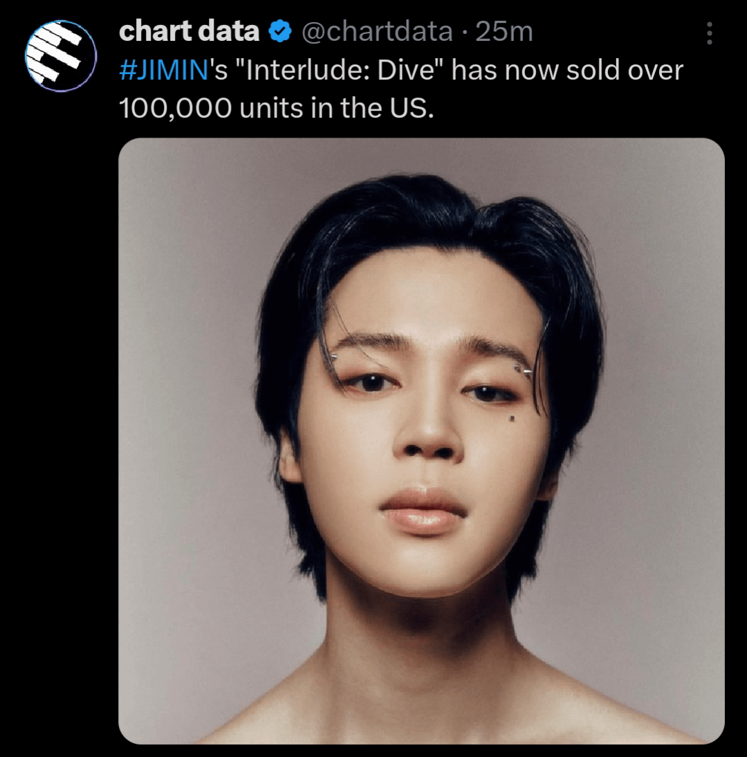 Jimin's "Interlude: Dive" has now sold over 100,000 units in the US. - 060724
