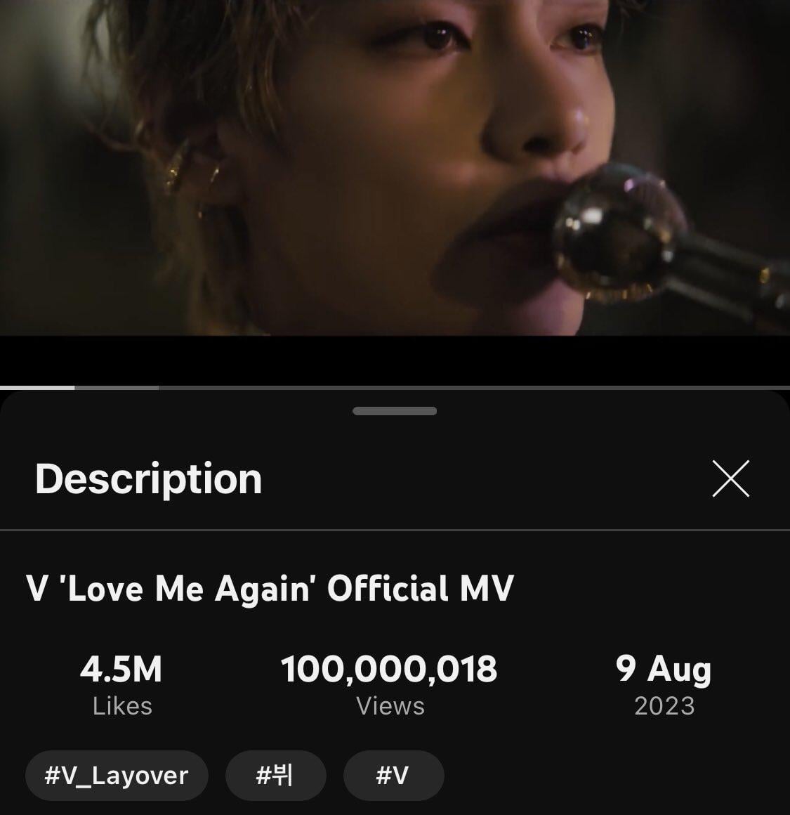 V's "Love Me Again" music video has surpassed 100 million views on YouTube - 030824