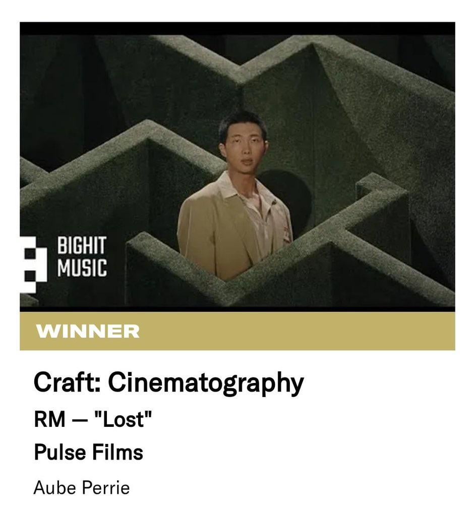 240830 RM's MV for "LOST!" has won 'Craft: Cinematography' at the 2024 Berlin Commercial Awards