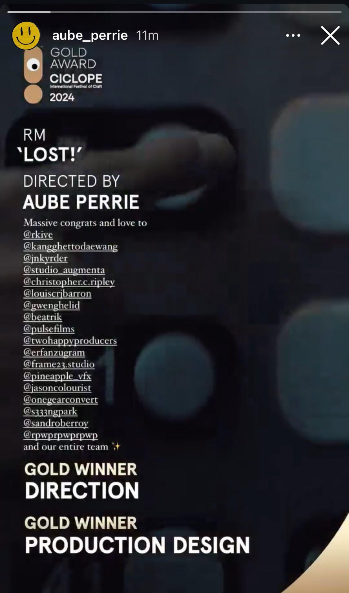 RM's 'LOST!' Music Video has won two categories at the Ciclope Festival 2024 (Gold Award for Direction & Production Design) - 111024