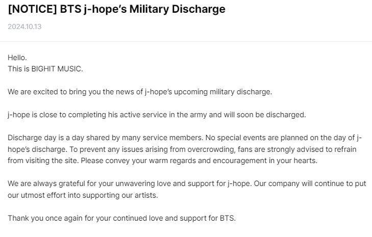 [NOTICE] BTS j-hope’s Military Discharge - 141024